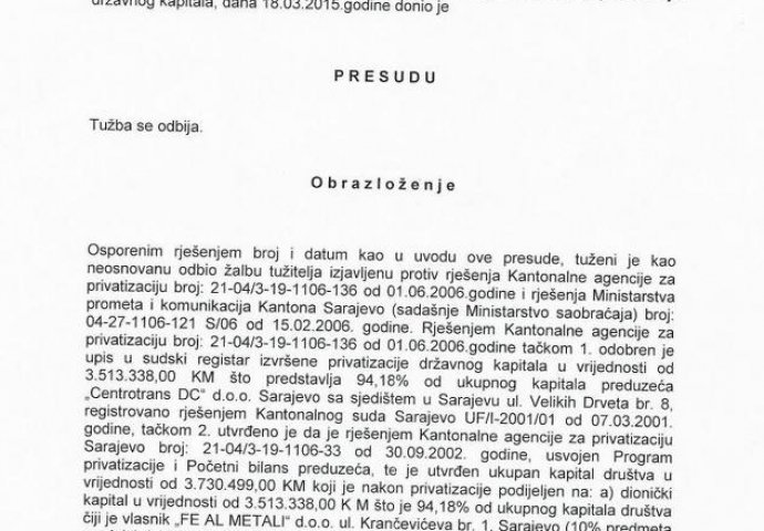 Firma Centrotrans DC: Opstrukcija zakonski provedene privatizacije