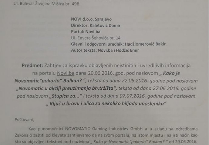 Novomatic Gaming Industris GmbH demantira pisanje portala Novi.ba