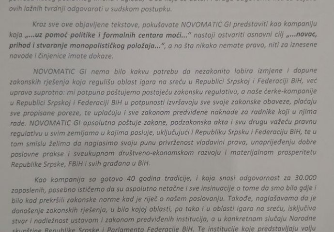 Novomatic Gaming Industris GmbH demantira pisanje portala Novi.ba