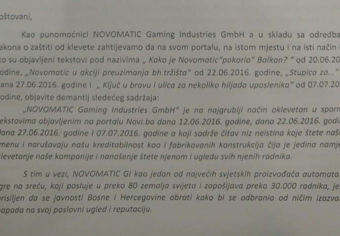 Novomatic Gaming Industris GmbH demantira pisanje portala Novi.ba