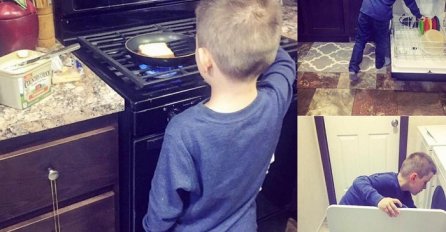 Ova mama uči malog sina kako kuhati, ali i prati suđe i rublje 
