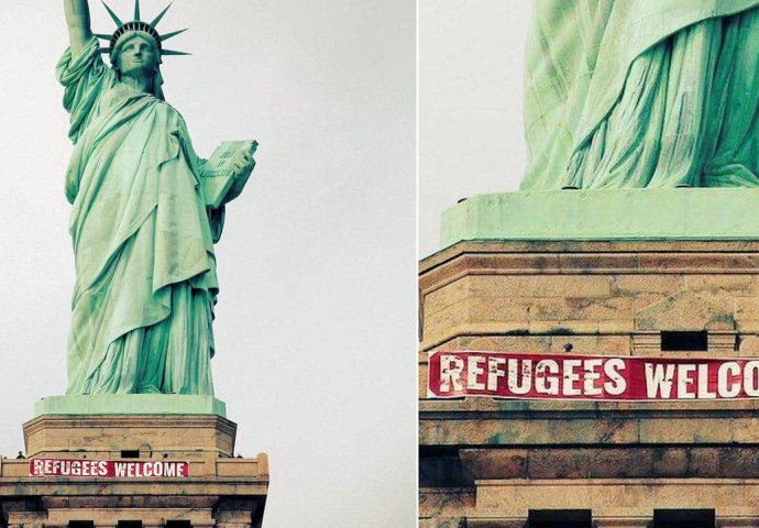 Transparent "Izbjeglice, dobrodošle" osvanuo na Kipu slobode