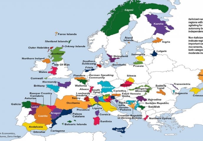 OBJAVLJENA MAPA REGIJA KOJE ŽELE NEZAVISNOST: Na listi RS, Herceg-Bosna, Sandžak, Istra, Vojvodina...