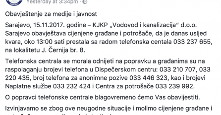 Sarajevski Vodovod, izjava dana: Telefonska centrala se morala odnijeti na popravku!