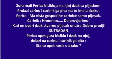 VIC : Gura mali Perica biciklu,a na njoj dzak sa pijeskom.