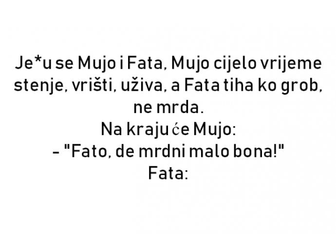 VIC : Je*u se Mujo i Fata, Mujo cijelo vrijeme stenje, vrišti, uživa, a Fata tiha ko grob, ne mrda.