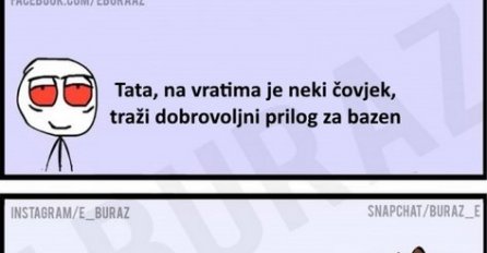 Tata, na vratima je neki čovjek, traži prilog za bazen