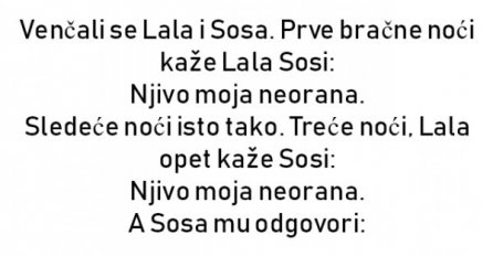 Venčali se Lala i Sosa. Prve bračne noći kaže Lala Sosi: