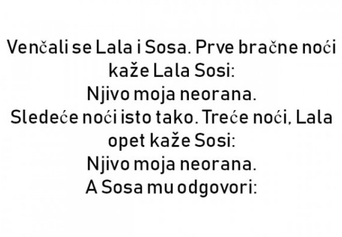 Venčali se Lala i Sosa. Prve bračne noći kaže Lala Sosi: