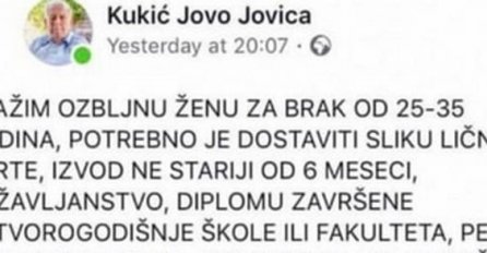 TRAŽI ŽENU PREKO FACEBOOKA: Na prvi sastanak ona mora donijeti ove DVIJE STVARI, Jovica postavio uslove! (FOTO)