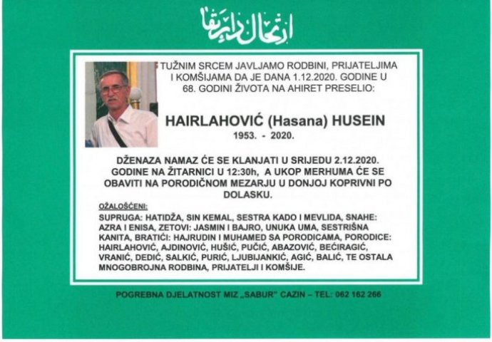 Tuga nad Krajinom zbog smrti Huseina Hairlahovića