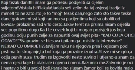 Medicinska sestra iz Hrvatske napisala potresan status: KAD ĆU JA OTIĆI ODAVDE?, napravim se blesava i pitam ga - mislite iz intenzivne? NE! KAD ĆU UMRIJETI? 