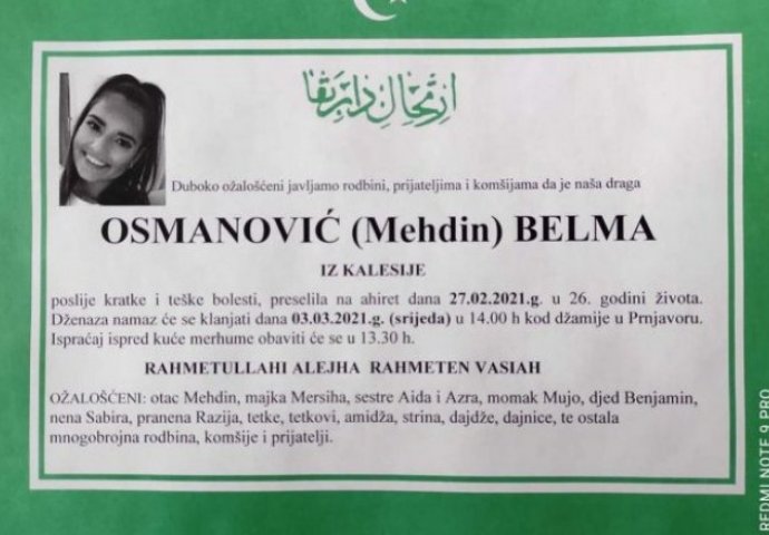 Kalesija: U 26. godini preminula Belma Osmanović