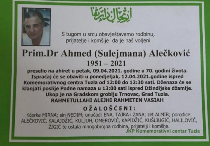 Preminuo prim. dr. Ahmed Alečković