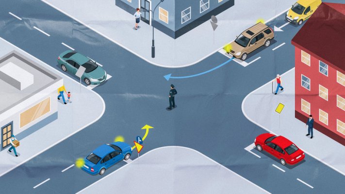 raskrsnica-4-automobila-saobracajac-regulise-znakovi-za-skretanje-desno-815x458
