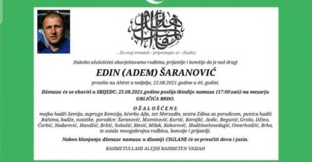 Tuga do neba: Poznato vrijeme i mjesto dženaze Edinu Šaranoviću