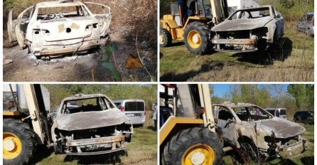 Prve fotografije spaljenog automobila porodice Đokić: Stigao viljuškar koji će automobil odvesti na forenzičku obradu