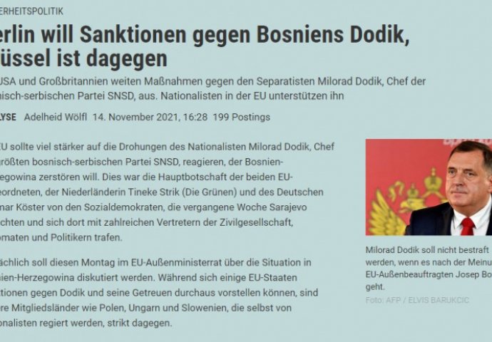 Austrijski Der Standard: Berlin želi sankcionisati Dodika, Brisel protiv te odluke