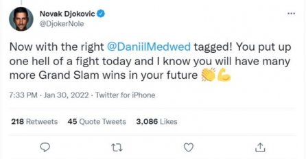 ĐOKOVIĆ DANAS NADALU ČESTITAO POBJEDU I NAPRAVIO 1 GREŠKU: Tiče se Medvedeva