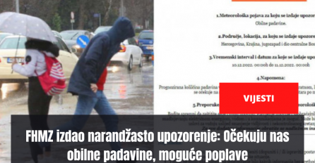 FHMZ izdao narandžasto upozorenje: Očekuju nas obilne padavine, moguće poplave