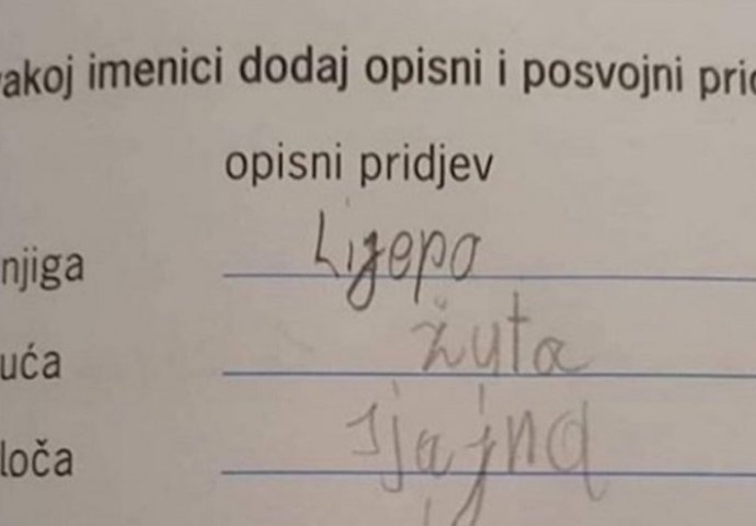 Učenici su imali zadatak dodati pridjev uz imenicu: JEDAN ODGOVOR NASMIJAO SVE NA DRUŠTVENIM MREŽAMA HIT