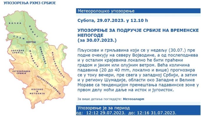 JAKO OLUJNO NEVRIJEME STIŽE U SRBIJU: RHMZ izdao najnovije upozorenje, ovaj dio zemlje je sutra prvi na udaru