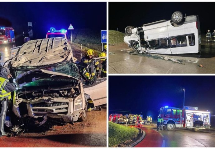 STRAVIČNA SAOBRAĆAJNA NESREĆA: Prevrnuo se minibus pun radnika, jedna osoba ostala ZAROBLJENA U OLUPINI , Povrijeđeno 8 osoba iz Srbije i Slovenije (FOTO)