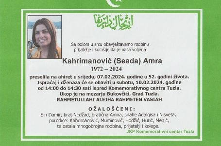 Danas posljednji ispraćaj Tuzlanke Amre Kahrimanović