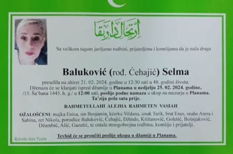 Poznato vrijeme ukopa Selme Baluković koju je usmrtio partner