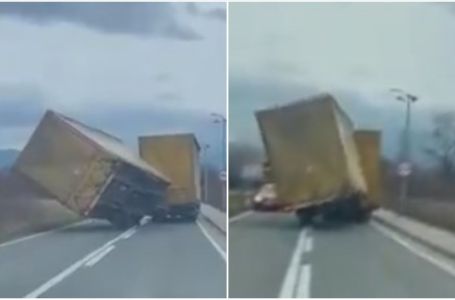 SNAŽNI UDARI VJETRA U KRAJINI: Pogledajte kako je gotovo prevrnuo prikolicu (VIDEO)