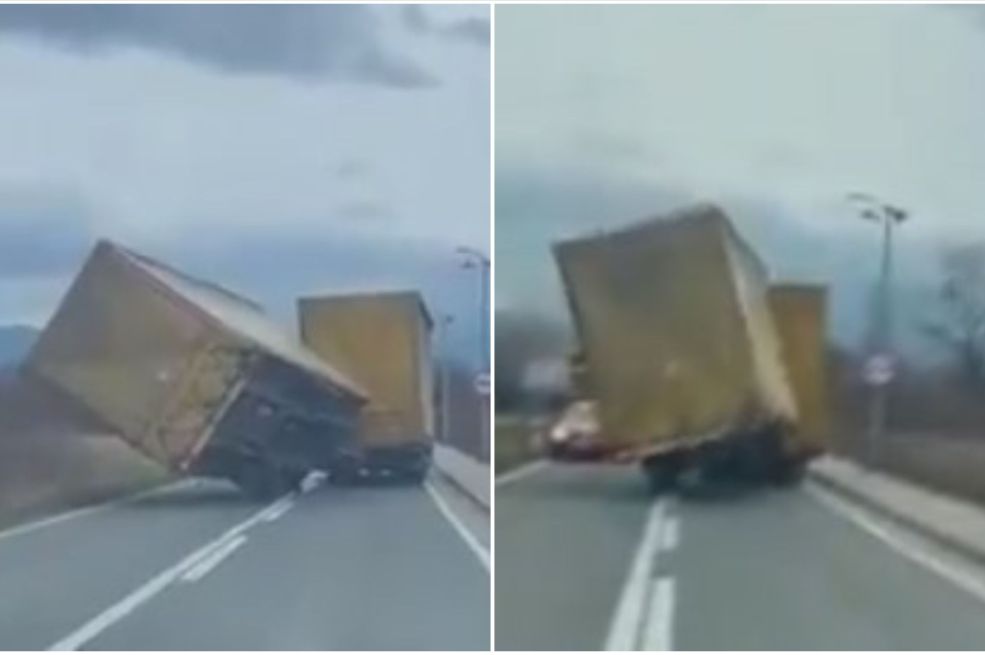 SNAŽNI UDARI VJETRA U KRAJINI: Pogledajte kako je gotovo prevrnuo prikolicu (VIDEO)