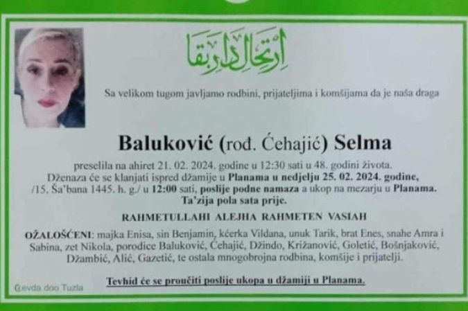 TUGA DO NEBA: Danas dženaza ubijenoj Tuzlanki Selmi Baluković