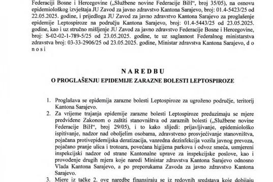 Proglašena epidemija leptospiroze u Kantonu Sarajevo