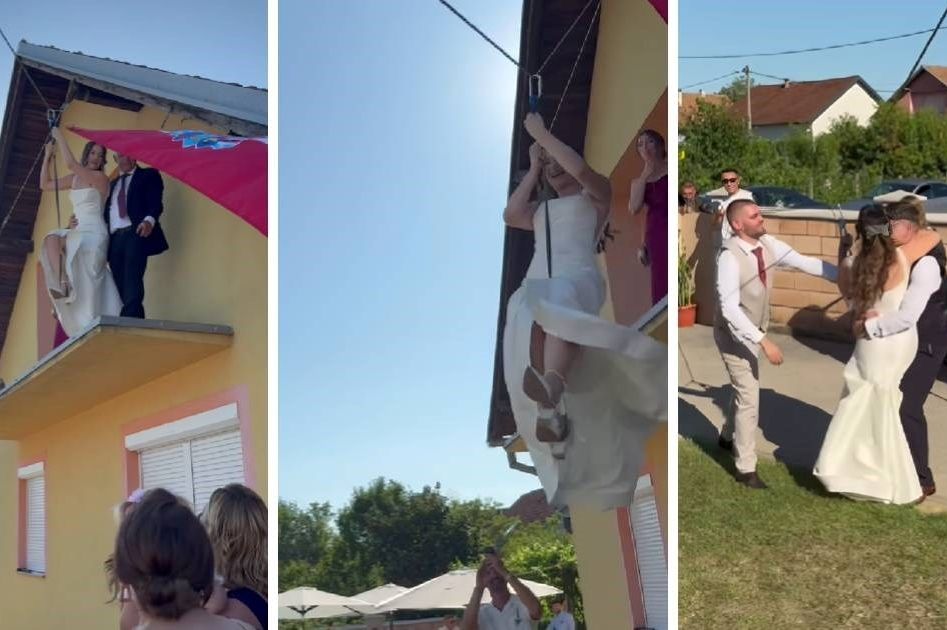 Hit video iz Hrvatske: Mladenka se s balkona do mladoženje spustila na sajli (VIDEO)
