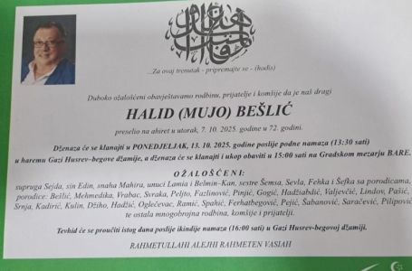 Objavljena smrtovnica Halida Bešlića