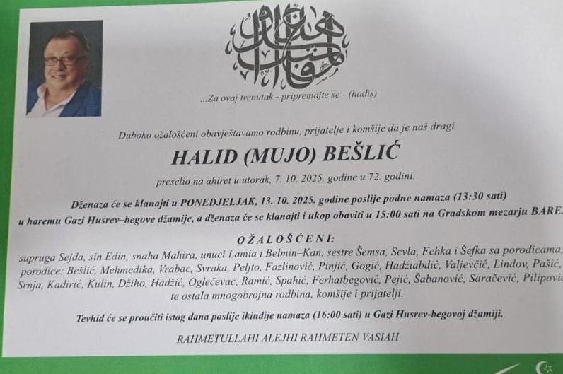 Objavljena smrtovnica Halida Bešlića