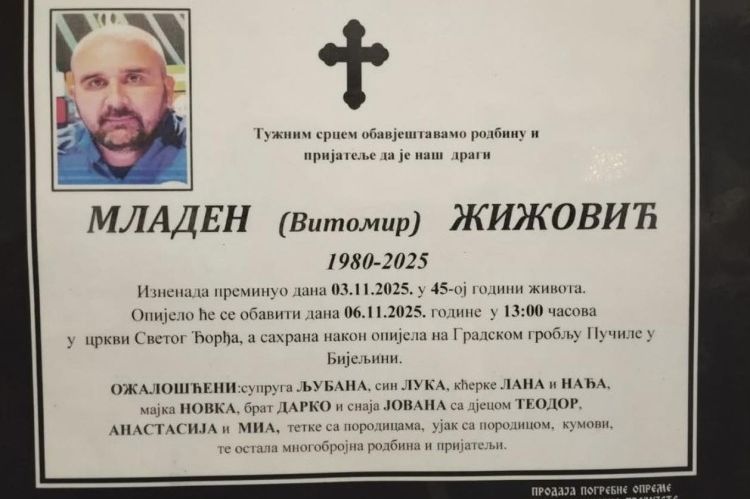 Sahrana Mladena Žižovića u četvrtak, poznato u kom gradu