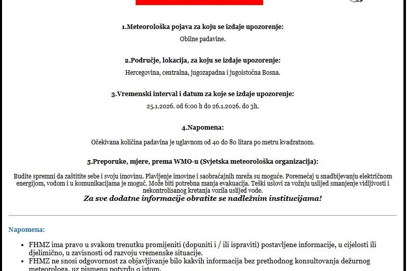 Meteorolozi izdali crveno upozorenje: Najavljene obilne padavine od 25.01., evo u kojim dijelovima